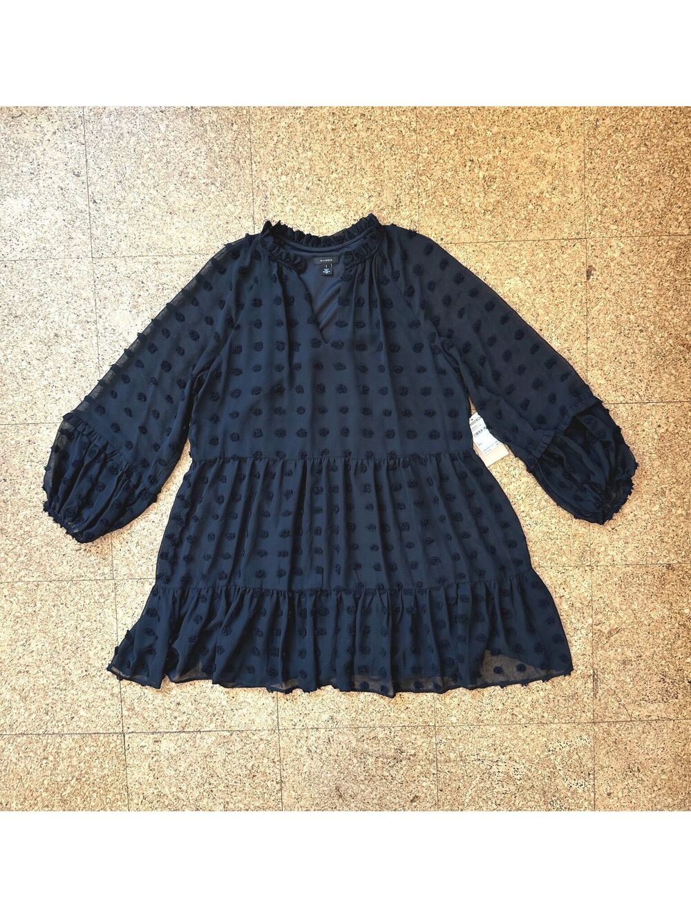 Halogen Nordstrom Tiered Blouson Mini Dress LG Black Swiss Dot Puff Sleeve NWT